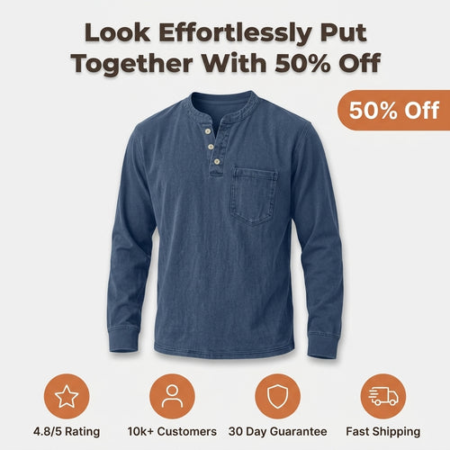 Retro Henley Long-Sleeve Shirt — Clean Vintage Style Without Stiff Formal Shirts