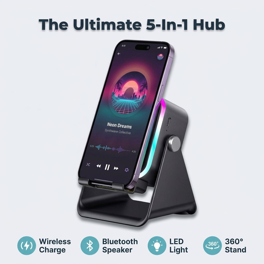 5-in-1 Wireless Charging Speaker Stand — Charge, Play Music & Light Your Space With One Device