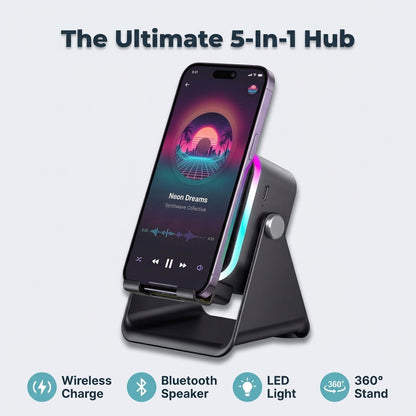 5-in-1 Wireless Charging Speaker Stand — Charge, Play Music & Light Your Space With One Device