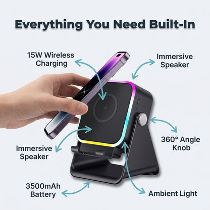 5-in-1 Wireless Charging Speaker Stand — Charge, Play Music & Light Your Space With One Device