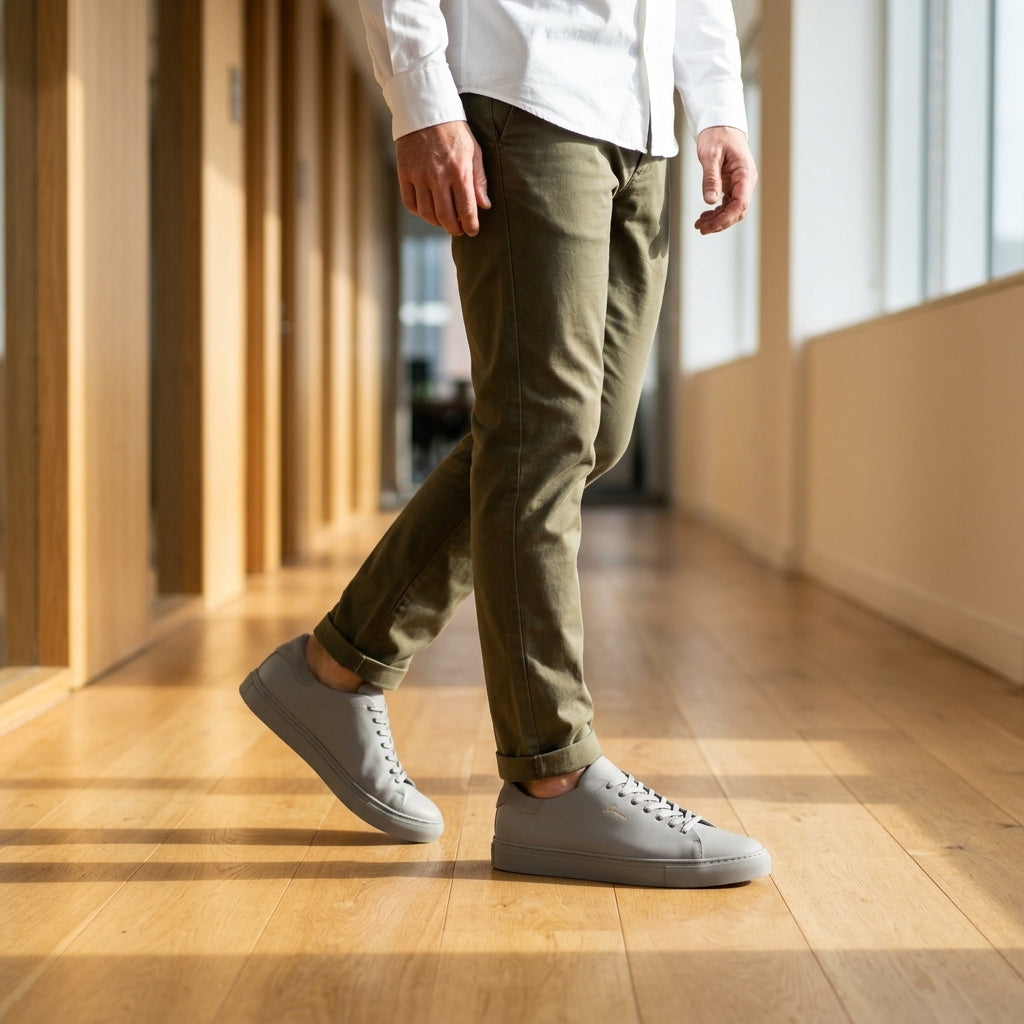 Grey Leather Sneakers — Smart Casual Style Without Stiff Dress Shoes