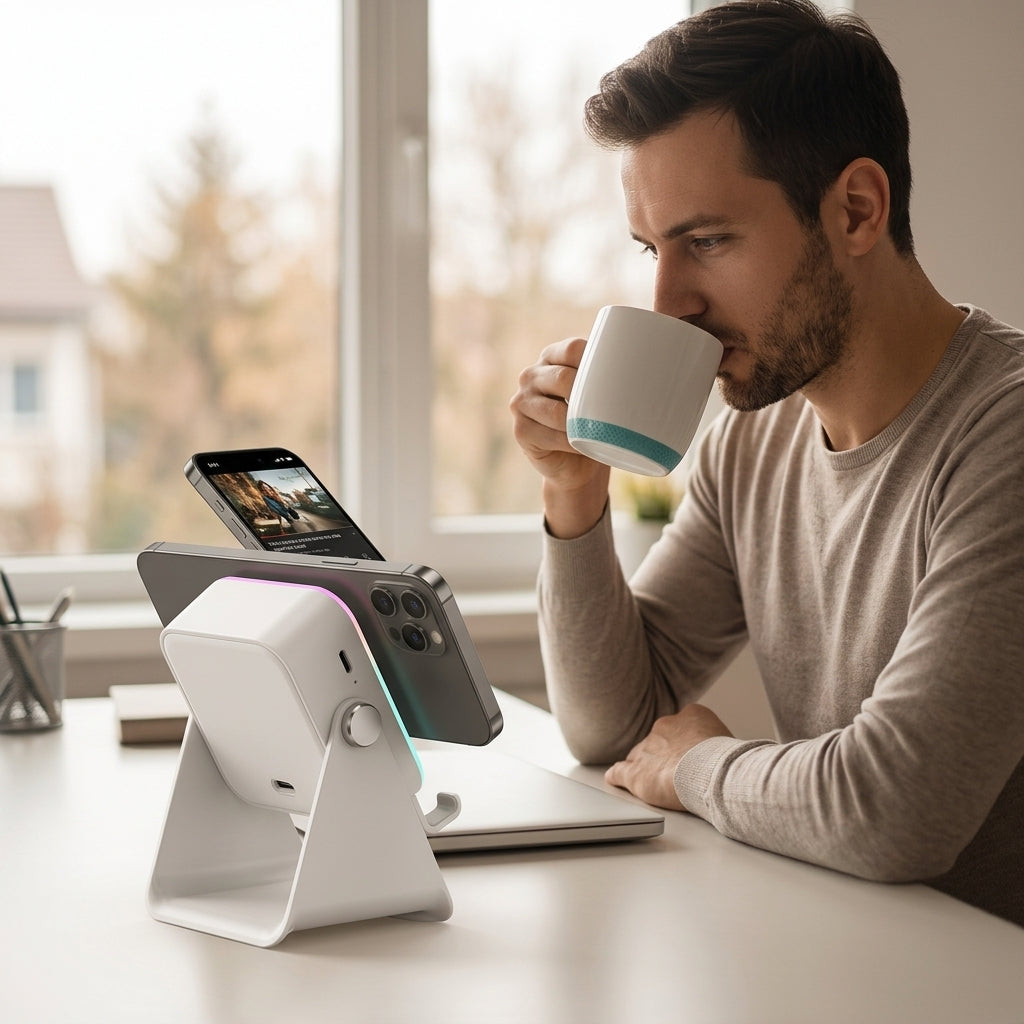 5-in-1 Wireless Charging Speaker Stand — Charge, Play Music & Light Your Space With One Device